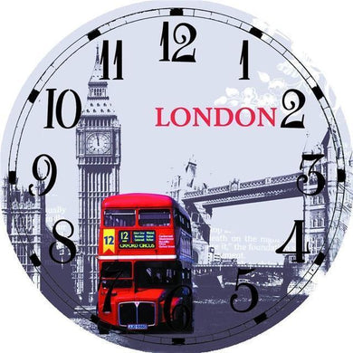 Horloge murale en bois ronde D30 cm - Londres & Bus Anglais