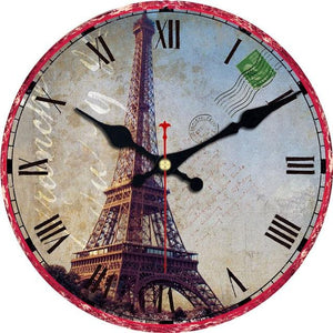 Horloge murale en bois ronde D30 cm - Carte postale Tour Eiffel