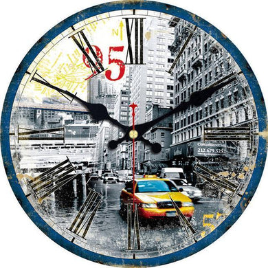 Horloge murale en bois ronde D30 cm - Taxi New-Yorkais