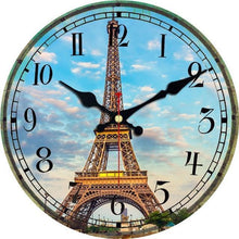 Horloge murale en bois ronde D30 cm - Tour Eiffel Ciel Bleu
